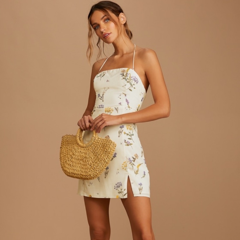 NWT Lulu’s Catch the Bouquet Cream Floral Print Halter Lace-Up Mini Dress